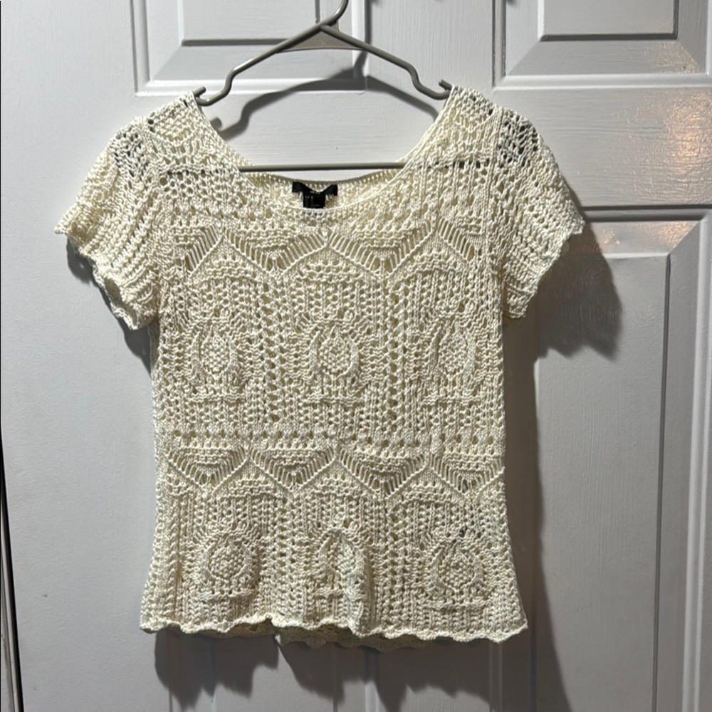 Cream Crochet Knit Blouse XS Boho Lace Open Knit Short Sleeve Top